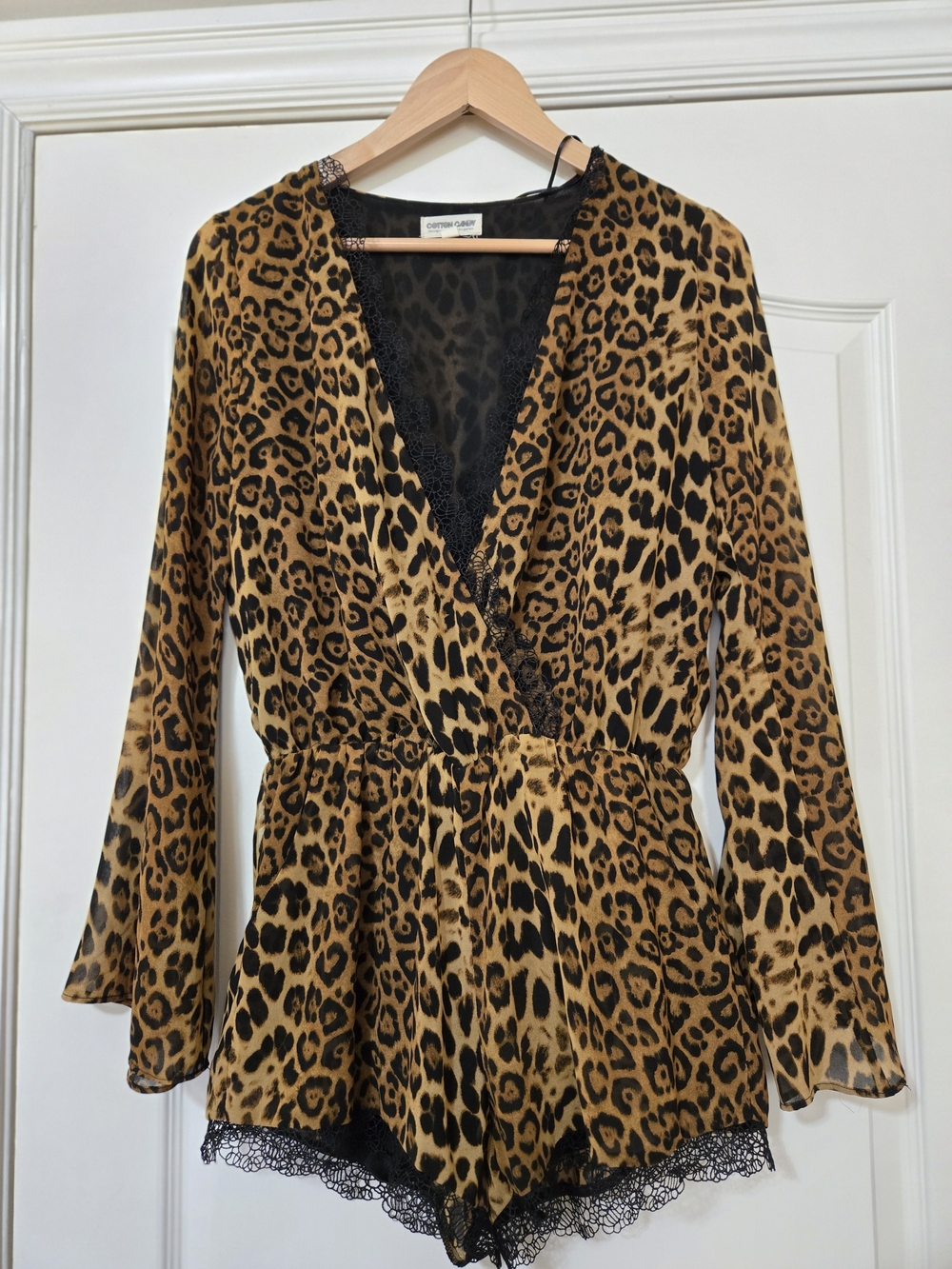 Cotton Candy Leopard-Print Lace Trim Romper in Brown and Black